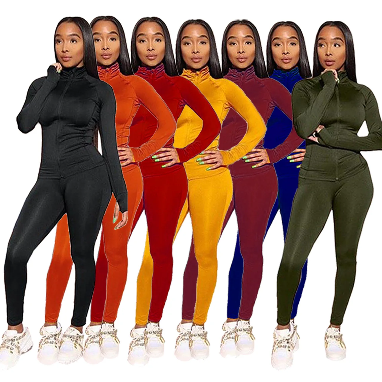 

FREE SAMPLE JHTH Solid color high collar casual women's multicolor long sleeve jacket sports suit two-piece suit