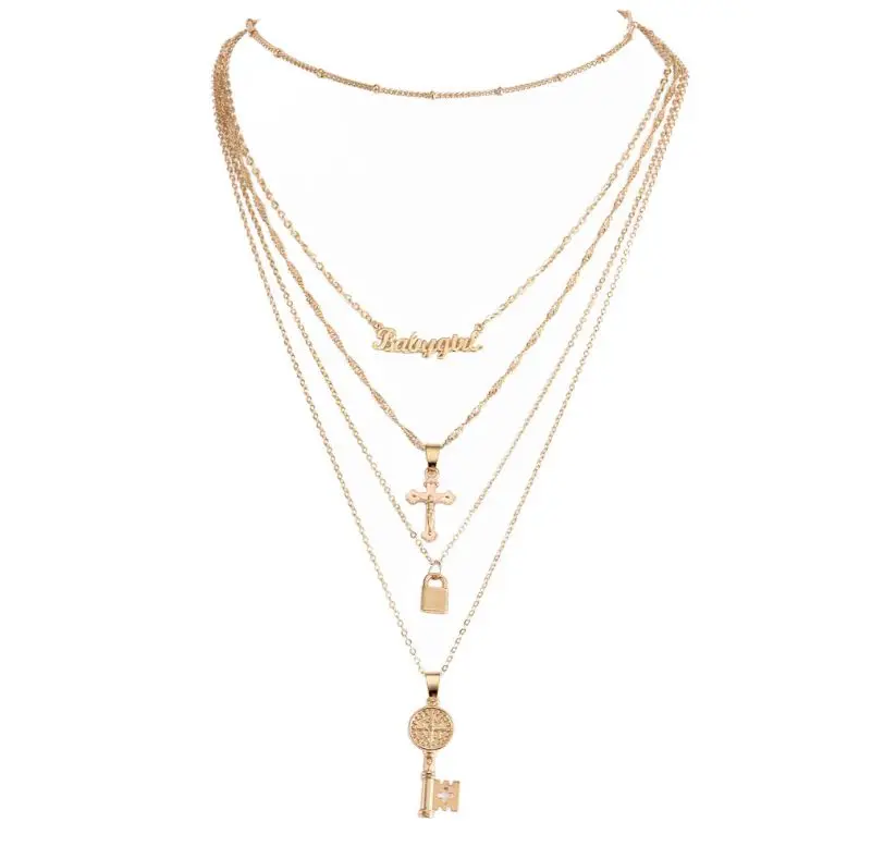 

Popular fashion street fashion female multi-layer key lock cross English letter pendant necklace