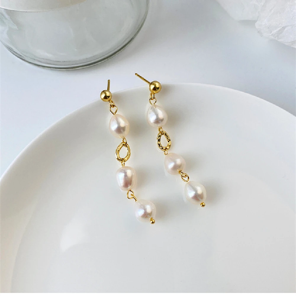 

Daidan Silver Earrings 925 Gold Plated Long Drop 18K Pearl Baroque Pearl Luxury Earrings Women