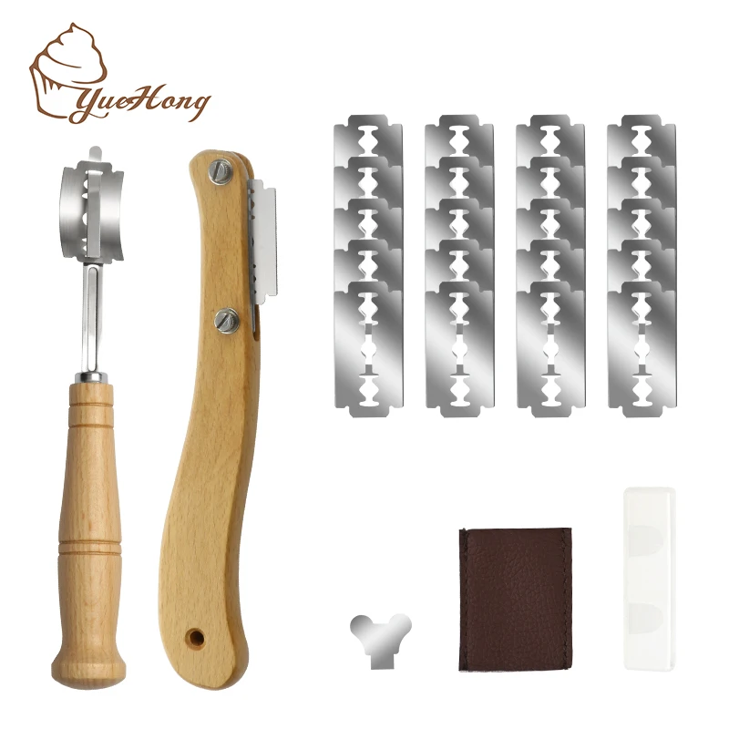 

Bread Lame Tool Dough Scoring Knife with Leather Protective Cover Wooden Handle Lame with 20 Piece Blades