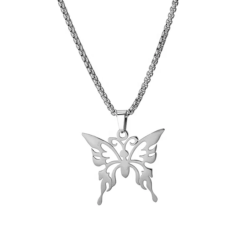 

Dina Fashion Jewelry 2021 Designed High Polishing Cut Hollow Butterfly Pendant Stainless Steel Necklace With Chain For Women, Silver