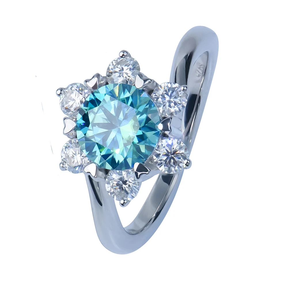 Custom 925 Sterling Silver Fine Jewelry Snowflake Style Ocean Blue Round Brilliant Cut Moissanite Diamond Engagement Ring