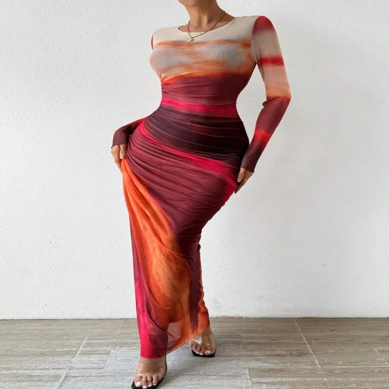 2026 Spring New Women Printed Clothes Elegant Long Sleeve Slim Long Ladies Dress Fashion Crew Neck Bodycon Causal Maxi Dress