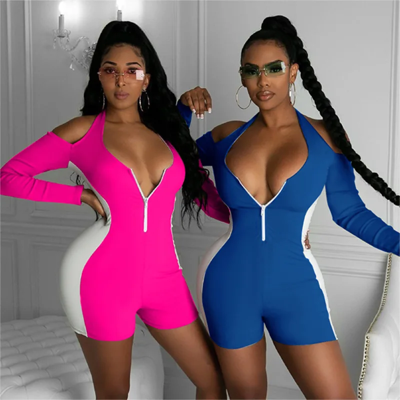 

2021 Fall Off Shoulder Halter Zipper Sexy Women Color Blocking Clothing Ladies Fitness Streetwear Short Romper Jumpsuit, Picture show