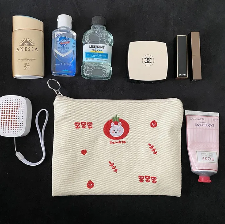 

korea style stock cotton canvas embroidery bear letter cosmetic pouch coin phone bag