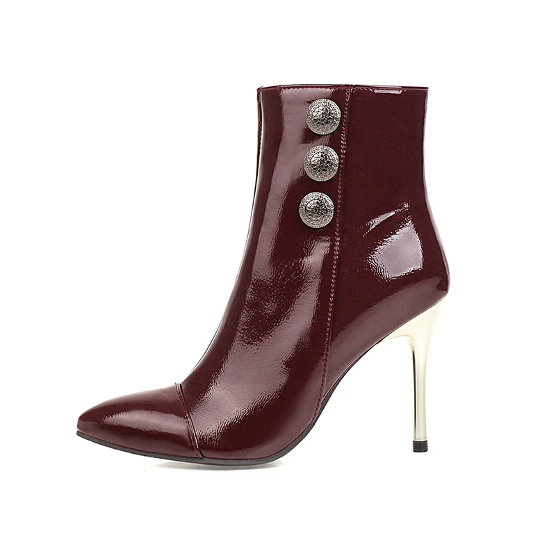 

Winter Sexy Black Wine Red Stiletto Round Buckle Boots Pointy Toe Ankle Boots, Black ecru wine red