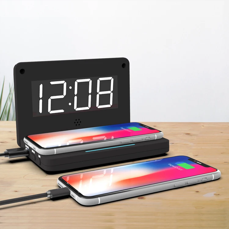 

In Stock 10W Fast Qi Wireless Charger Mobile Phone LED Digital Display Foldable clock back cover, Black