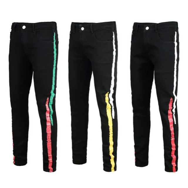 

Mens Stretch Denim Trousers printed side stripe jeans