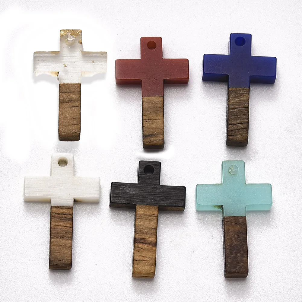 

PandaHall Cross Shape Mixed Color Resin & Walnut Wood Pendants