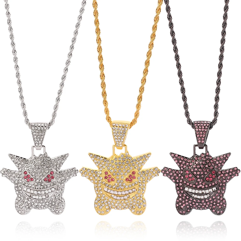 

Europe and America Fashion Rhinestones Hip-hop Pendant Necklace Pet Elf Cartoon Pendant Hiphop Necklace Jewelry Wholesale, Gold/white k/gun black color