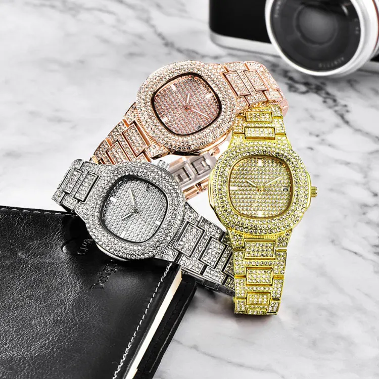

Luxury Trendy Shiny Multi Color Full Crystal Rhinestone Quartz Watch Full Diamond Rhinestone Crystal Wrist Watch For Women, Gold