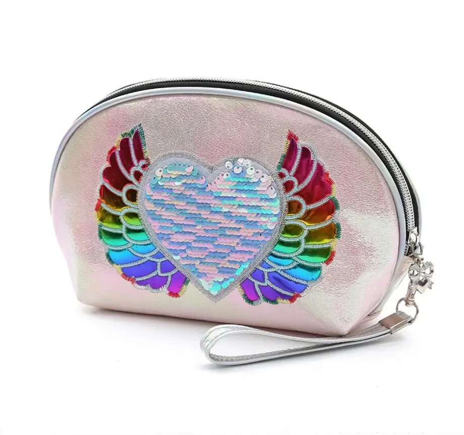 

Cheap wholesale PU leather wing sequins embroidery funny little girl travel make up bag cosmetic, 3 colors can choose