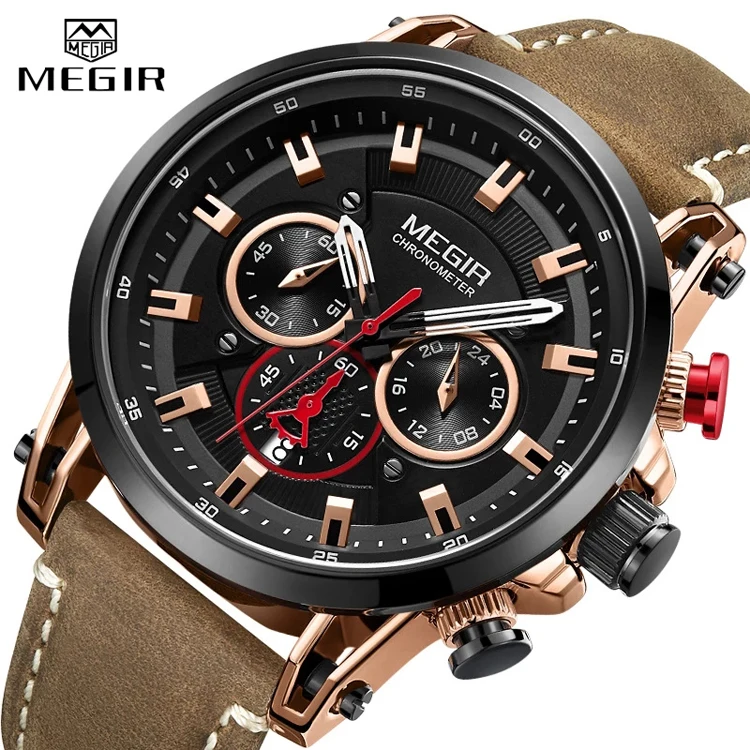 

MEGIR 2085 Men Watch Top Brand Luxury Gold Chronograph Wristwatch Date Military Sport Leather Band Male Clock Relogio Masculino