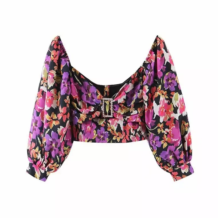 

2020 new arrivals fashion sexy three quaters lantern sleeves floral printed women crop tops