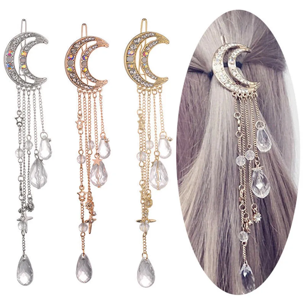 

Fashion Elegant Women Lady Moon Rhinestone Crystal Tassel Long Chain Beads Dangle Hairpin Hair Clip Hair Jewelry