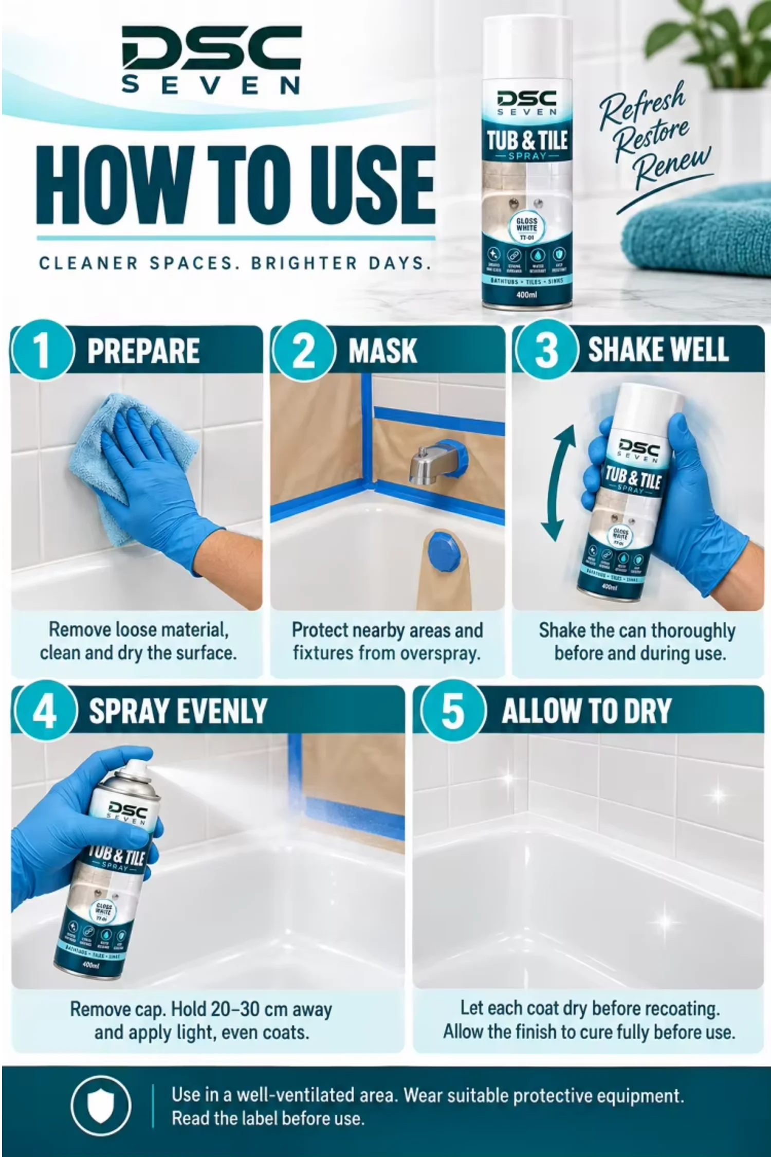 Acrylic Chip Resistant Tub and Tile Spray Paint Gloss White Strong Adhesion Water Resistant Aerosol Bathtub Tile Sink 400ml