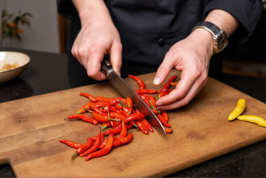 Chef's hands preparing fresh chili peppers on cutting board with knife and bowl
