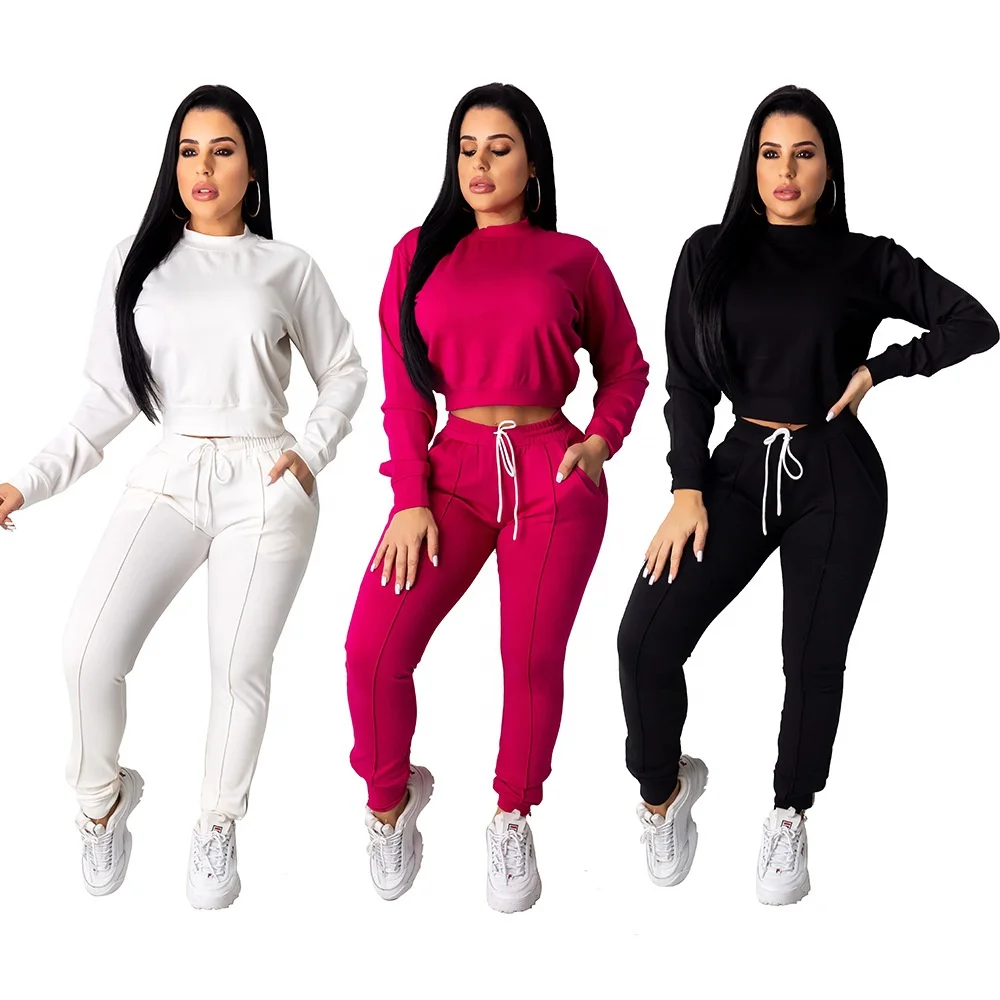 

KX-A71164 Autumn custom logo casual solid long sleeve sweater pant set with pockets women sports two piece pants set 2021