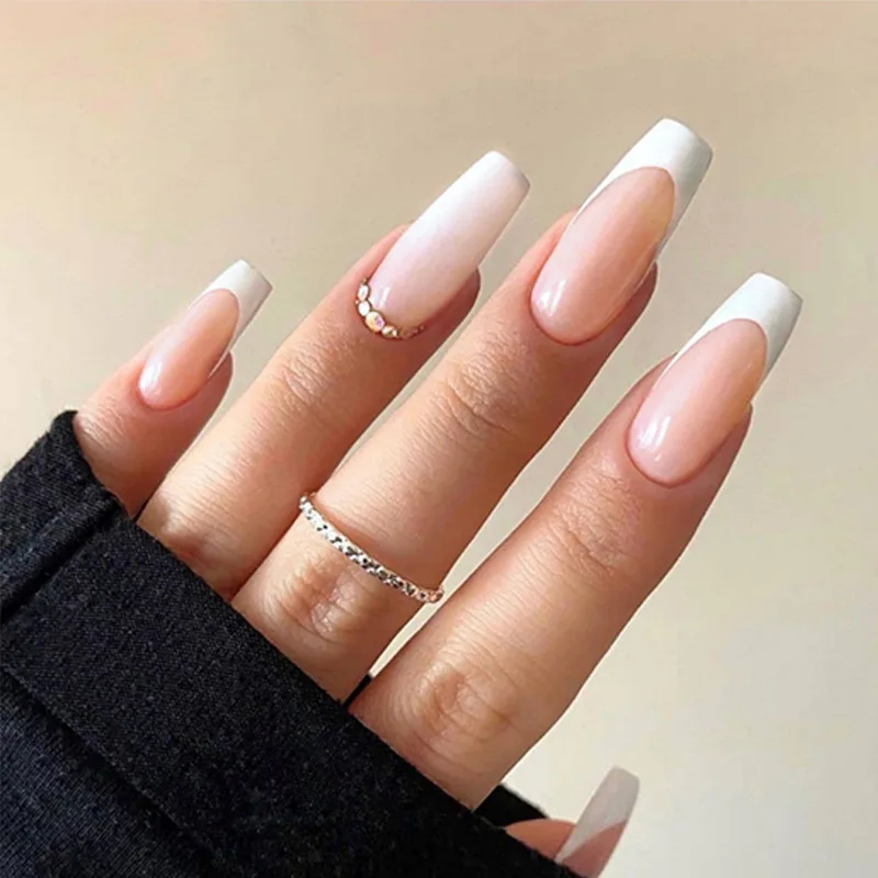 

Ombre French Acrylic Nail with Stones Long Natural Color AB Rhinestones Private Label Box Nails Luxury Coffin False Nails