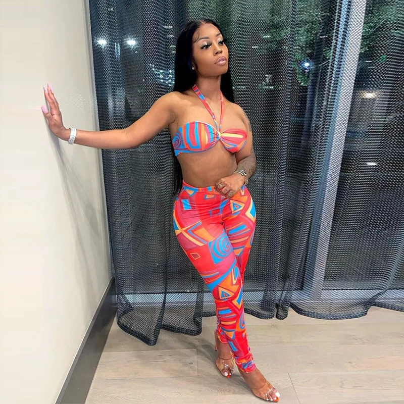 

New 2021 summer arrivals printing women ladies sexy casual backless two piece pants set