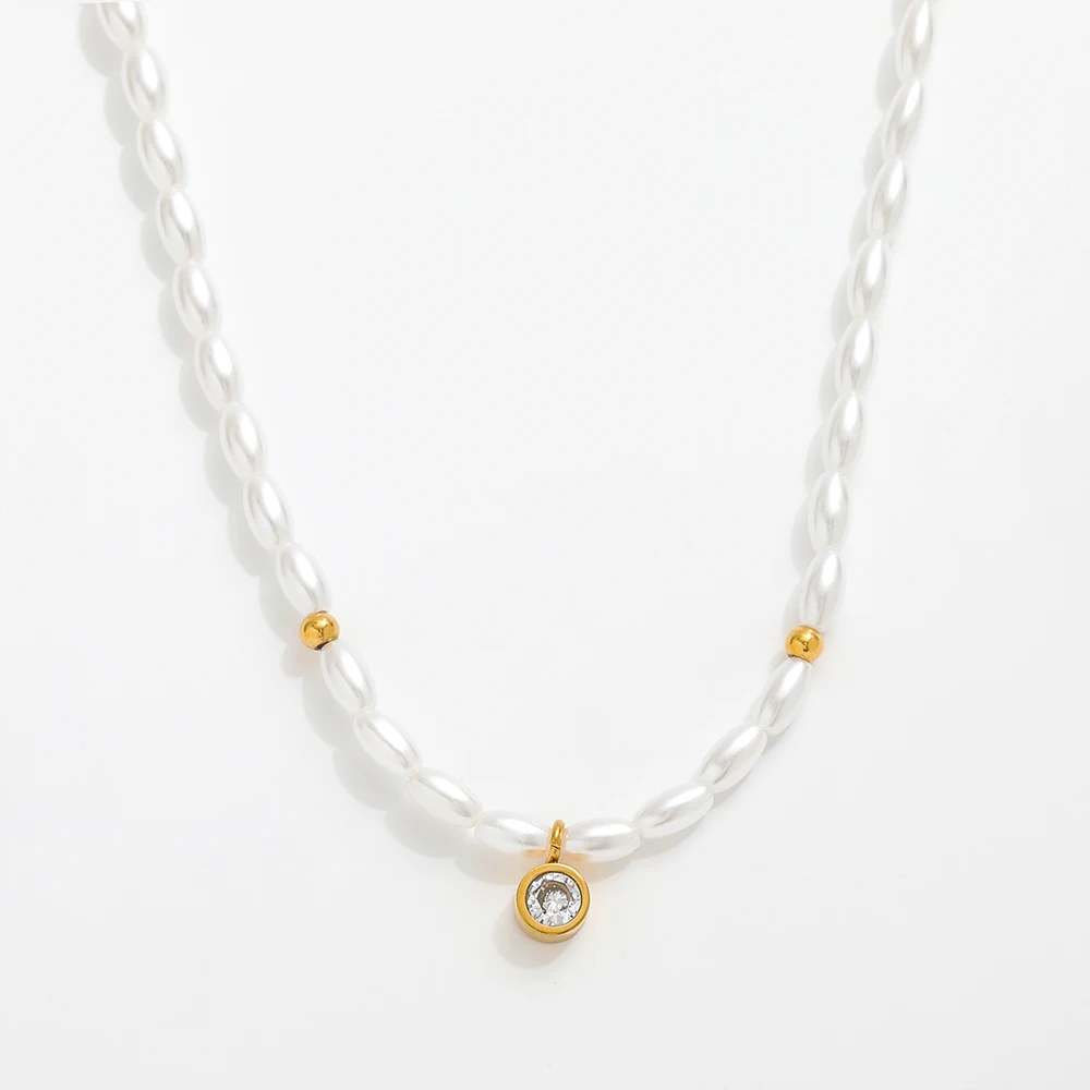 Joolim Jewelry 18K Gold Plated Pearl String Dainty Zirconia Pendant Necklace Stainless Steel Jewelry Wholesale