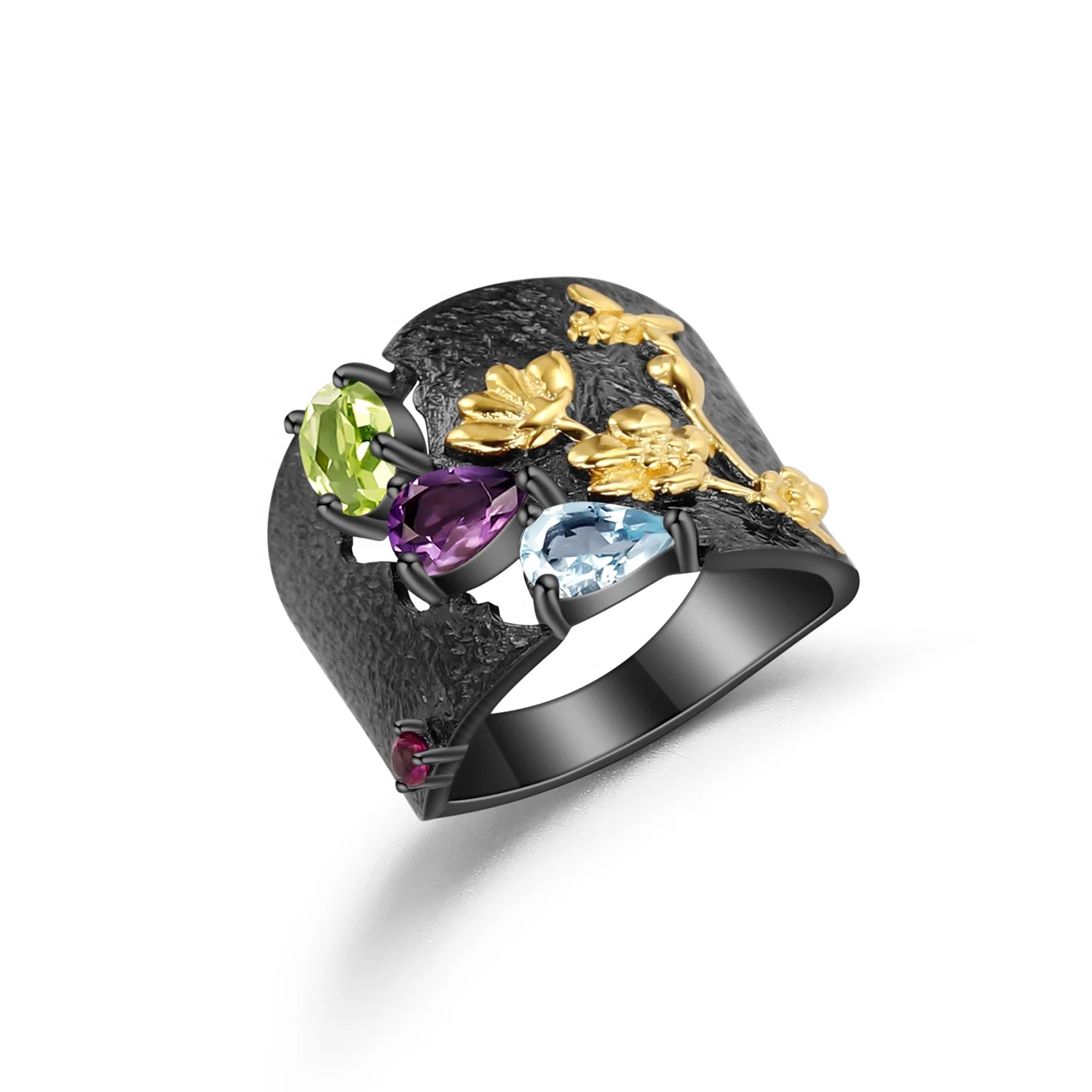 

Abiding Gold Plated Jewelry Ring Natural Peridot Amethyst Topaz Stone Humming Bee Flower Garden 925 Sterling Silver Ring Women