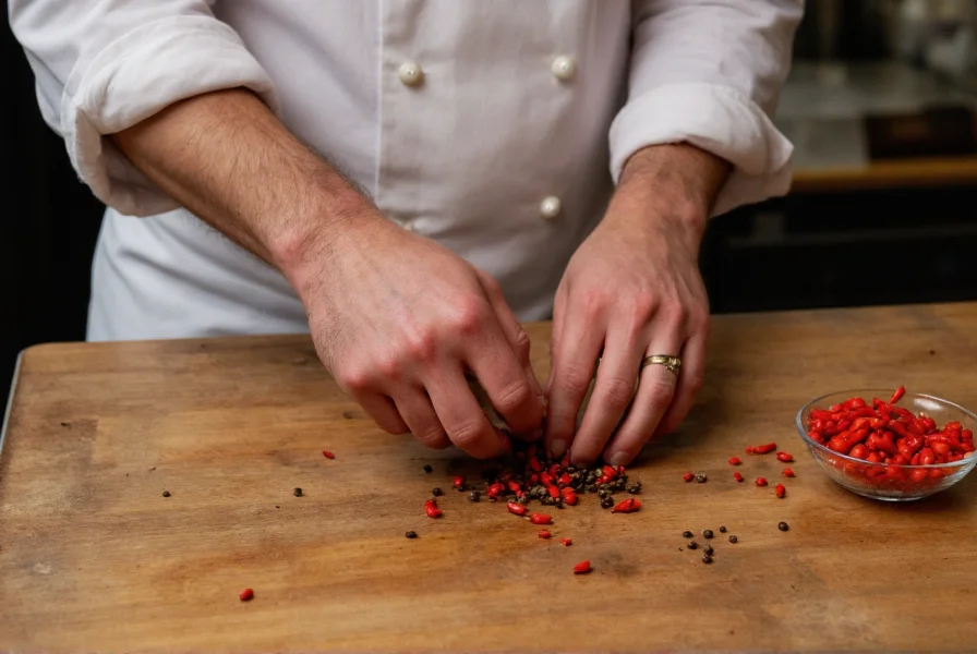 Chef grinding various sensory peppers including Senegal pepper and Szechuan peppercorns
