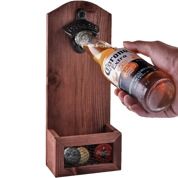 

Fashion popular wall mount beer wooden bottle opener with cap catcher