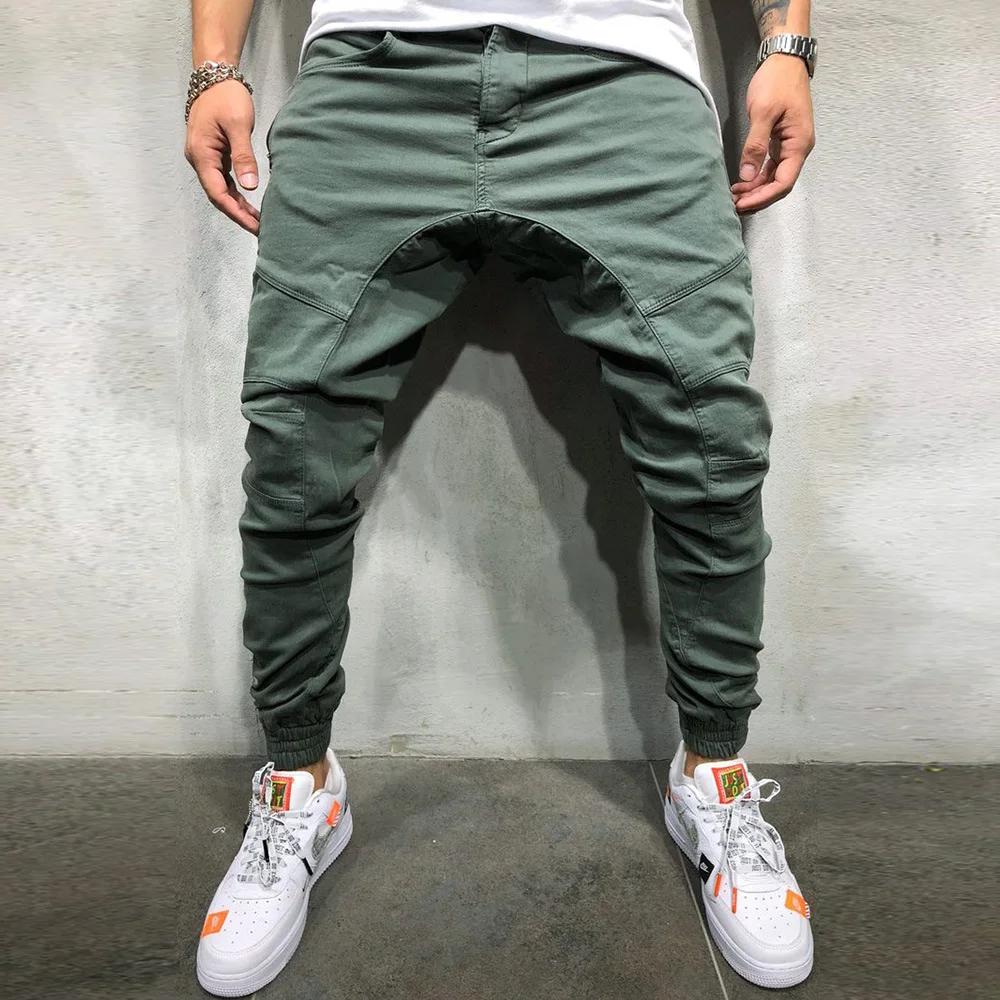 

New fashion europe men solid color pocket street overalls pants outdoor sports fitness casual trousers long pencil loose pants