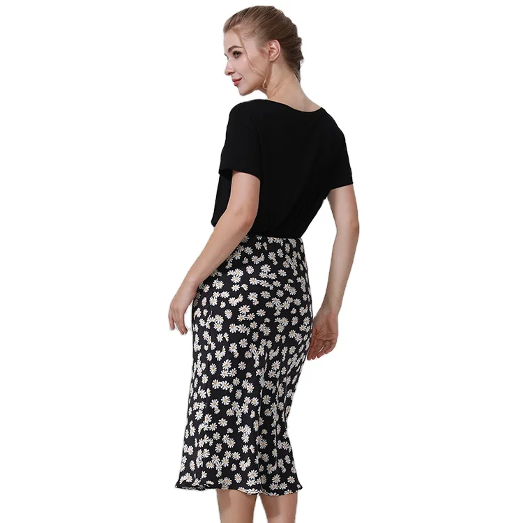 

Daisy printed sweet style 100% pure silk wrap skirt stylish satin long skirts silk skirt for ladies, Black