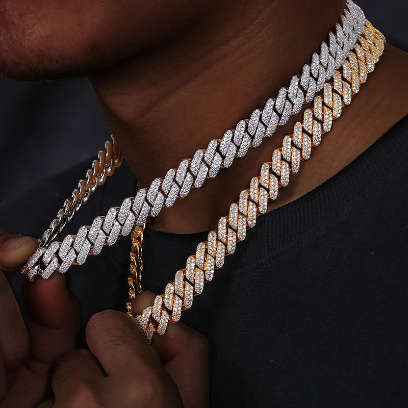 

Iced Out Hop Sale 14mm Cuban Link Chain Full 5A Zircon Bling Jewelry 18K 14K Gold Plated 2 Row Hip Hop Cuban Chaain Necklace