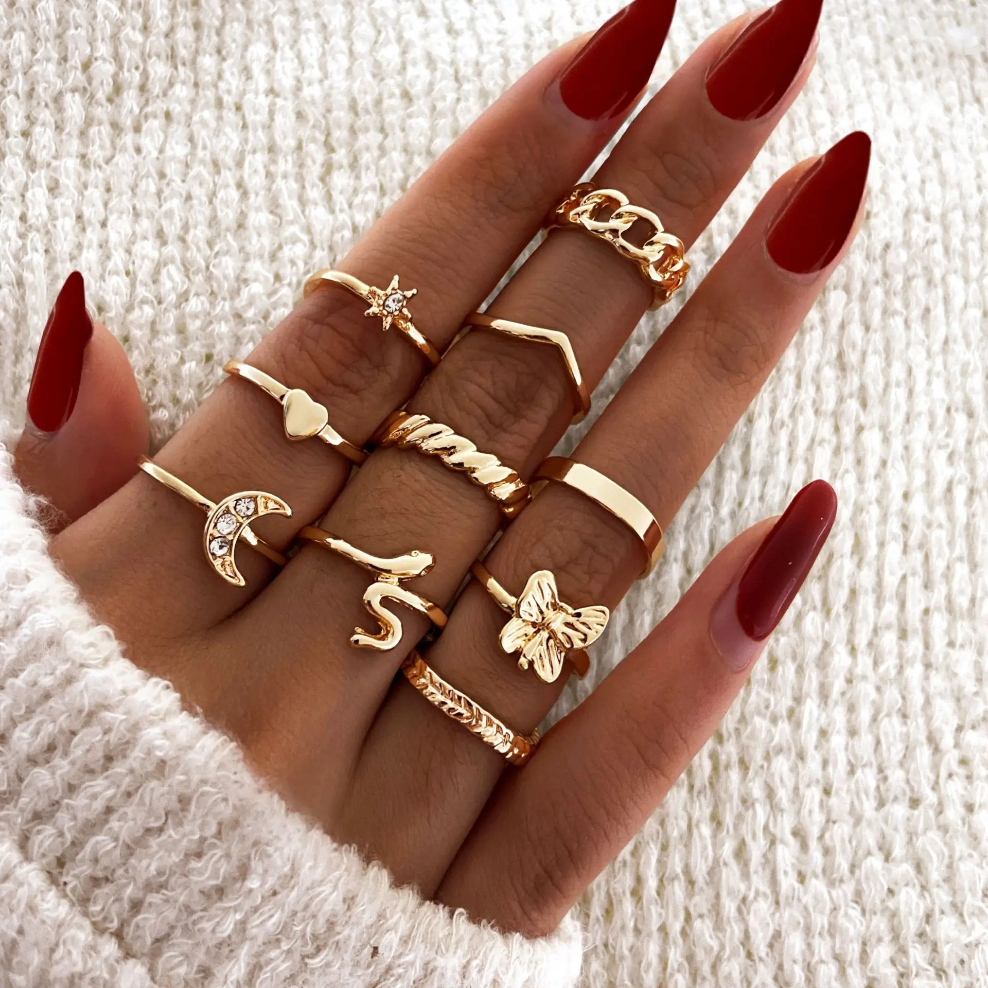 

Jewels gemstone ring gemstone jewelry natural gemstones bracelet and ring set cuban chain rings10Pcs/Set statement jewelry, Gold/silver