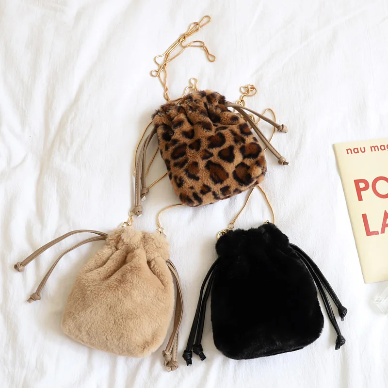

Fashion Leopard Chain Plush Small Bag Wholesale Mini Black Versatile Simple One-Shoulder Sling Bundle Pocket Bucket Bag