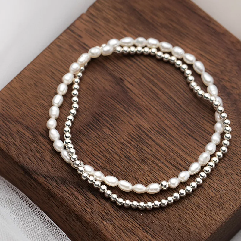 

Chic S925 Sterling Silver Round Ball Beads Chain Bracelets Double Layers Natural Baroque Pearl Stretch Bracelet For Women