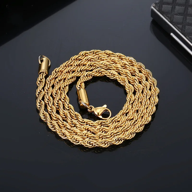 

Hot Sale Long Gold-Color Man Necklace 4mm 16/18/20/22/24/26/28/30 Inch Twisted Rope Chain Pendant Jewelry Gift