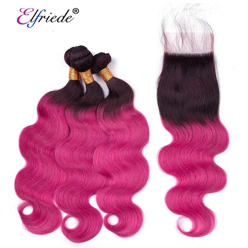 

#T 1B/Rose Red Body Wave Ombre Hair Bundles with Lace Closure 4"x4" Brazilian Remy Human Hair Wefts with Closure JCXT-214