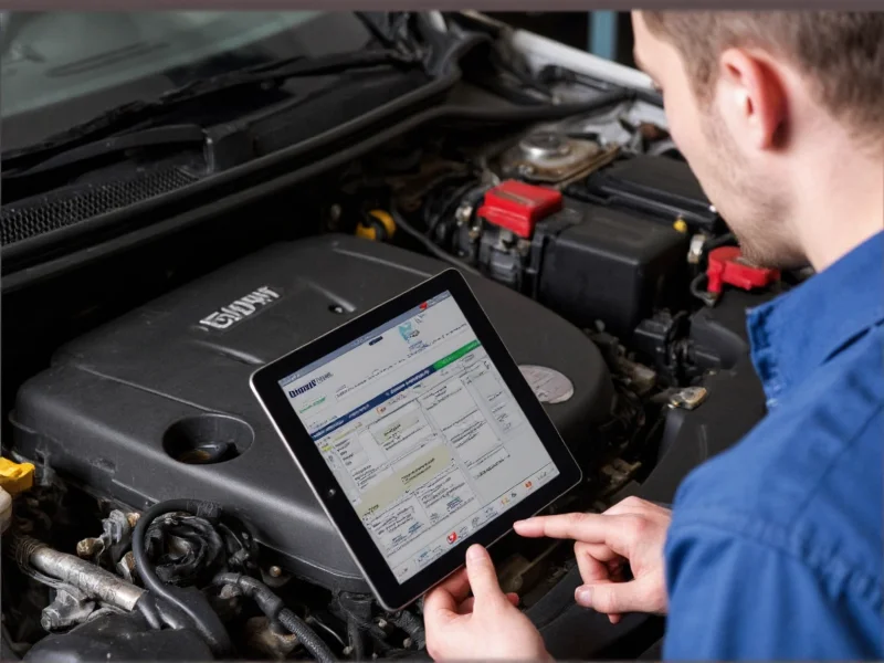 DIY mechanic using Mitchell 1 software on tablet during engine repair