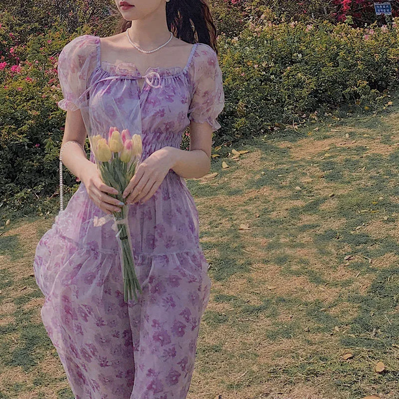 

D 2021 Summer Elegant Sweet Dress Chiffon Lace Floral Dress Square Collar Beach Fairy Dress for Females Korean Style Bow Design