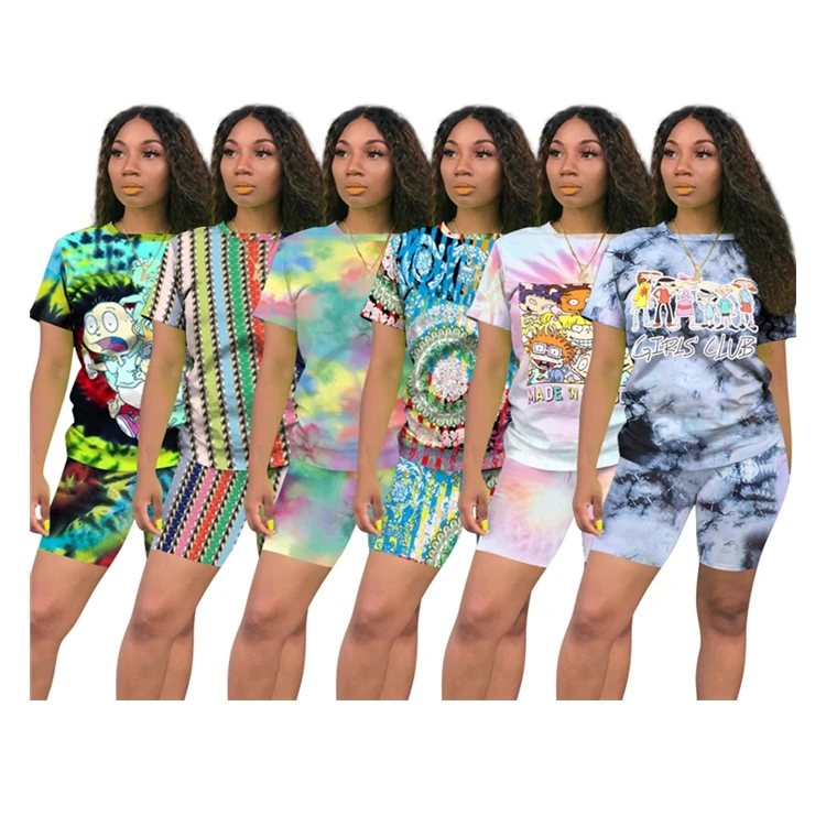 

LXE New Arrival Casual Lady Tracksuit Short Sleeve Cozy Colorful Cartoon Print Plus Size Summer Women Jogging 2 Piece Set