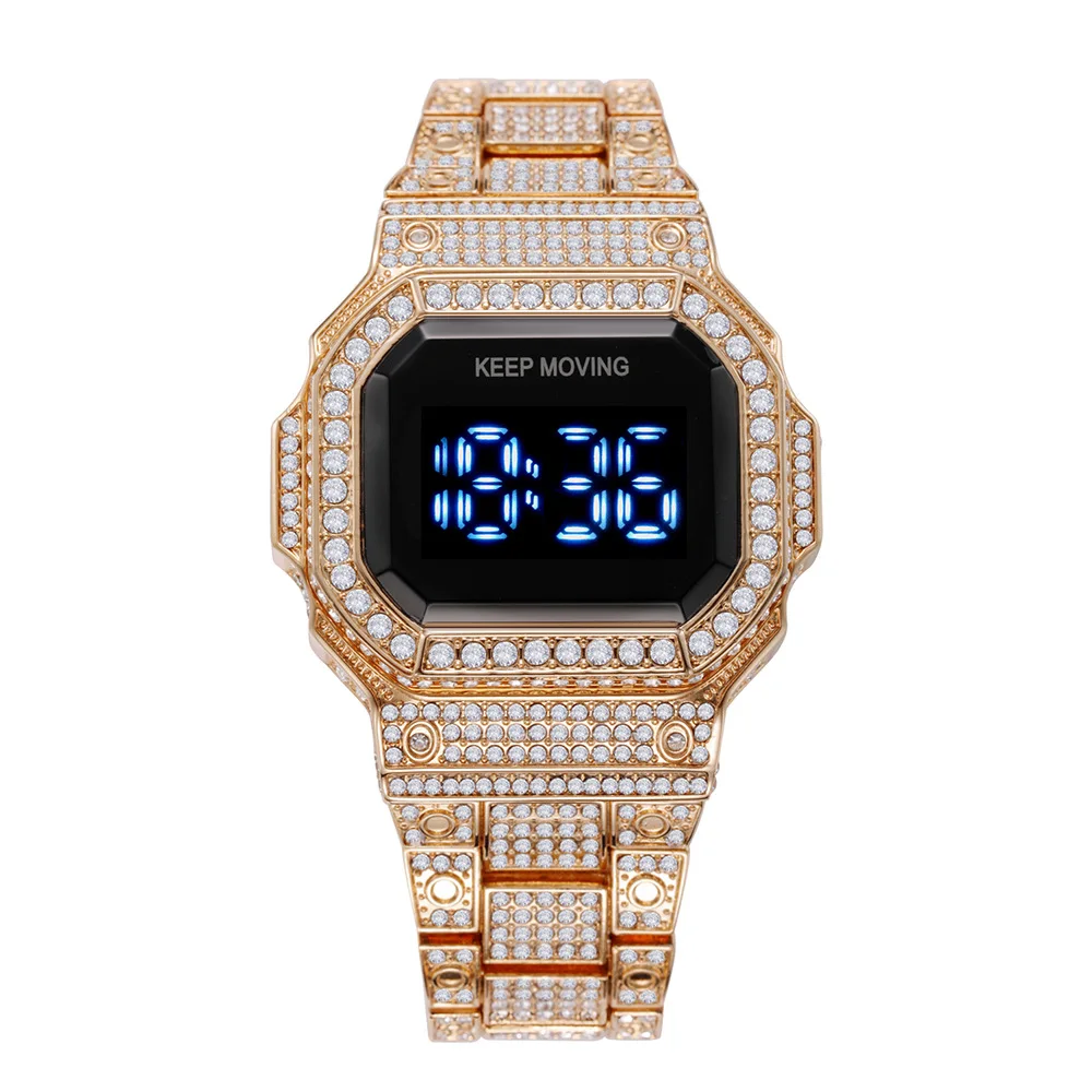 

Hot Sale Luxury Brand Reloj Hombre Fashion Man Watch Bling Steel Belt Digital LED Gold Wrist Diamond Watch, 4 colors
