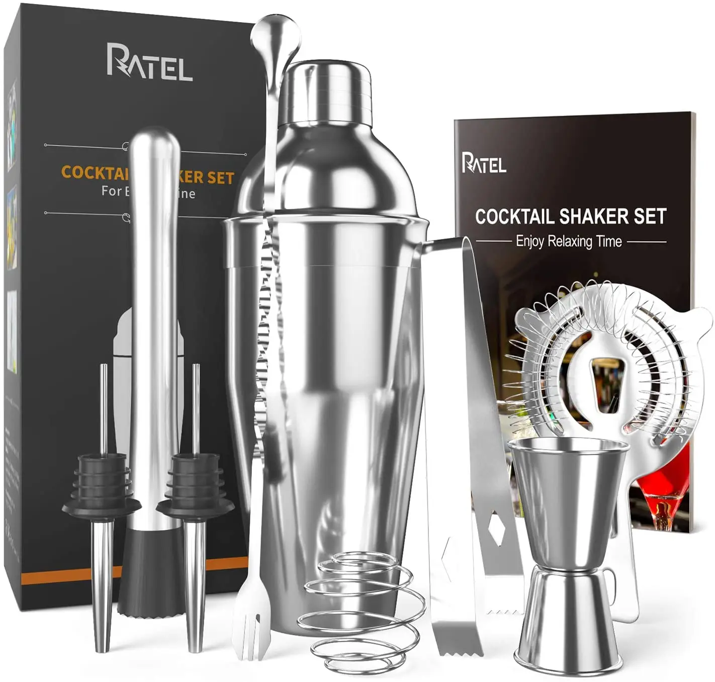 

Hot-selling stainless steel cocktail shaker set 750ml hand-cranked shaker, 10pcs bar tool set, Sliver