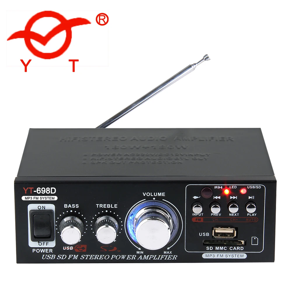 

Professional hifi stereo power amplifier 180w+180w YT-698D with USB/SD/FM/BT, Black