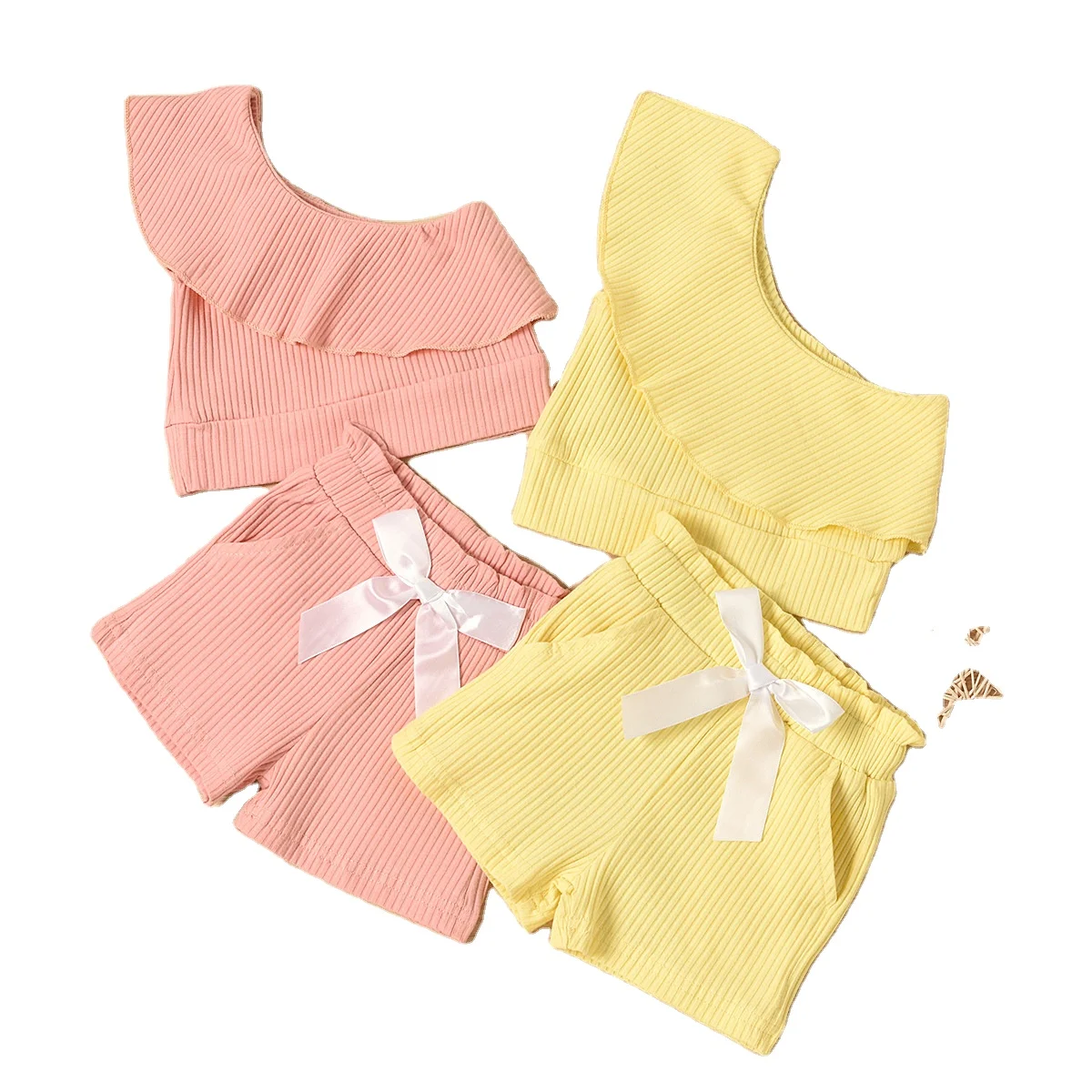 

New Design Fashion 2 Pcs Cotton Ribbed Kids Outfits Solid Color One Shoulder Sleeveless Pullover Short Pants Girls Clothes Sets