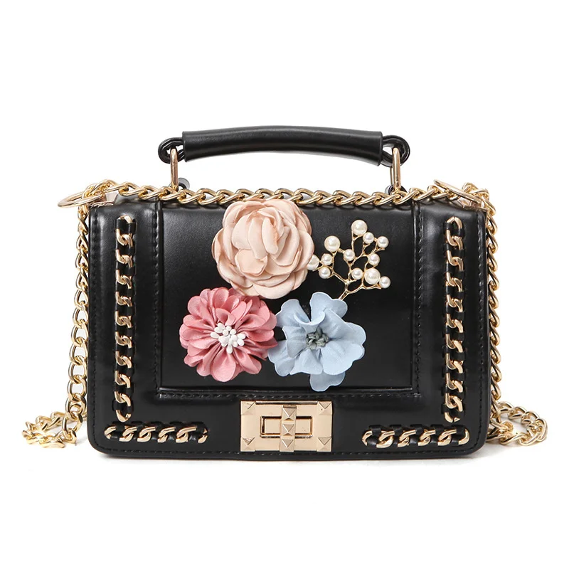 

Hot sale flowers ladies shoulder handbags elegant PU Leather sac main femme mini women hand bags luxury with chain 2021, 3colors