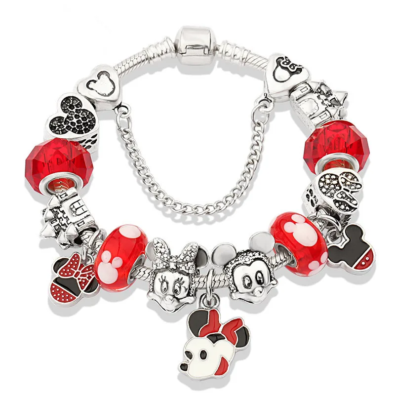 

Fashion Antique Silver Red Enamel Bangle Jewelry Gifts Cute Cartoon Diy Mickey Beads Charm Bracelets For Women Kids, Multi color