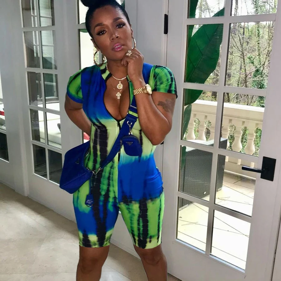 

2021 Summer Clothing Knitted Zipper Rompers Short Sleeve Skinny Athleisure Biker Playsuits