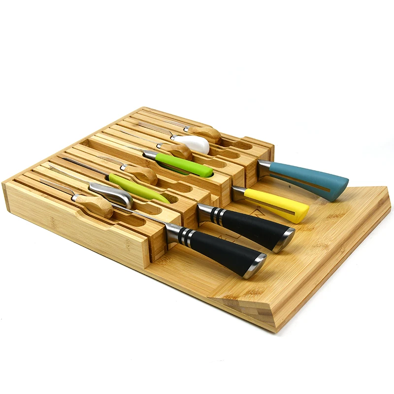 

Bamboo Utensil Organizer Drawer Kitchen Expandable Cutlery Tray with Divider and Knife Block adjustable cutlery