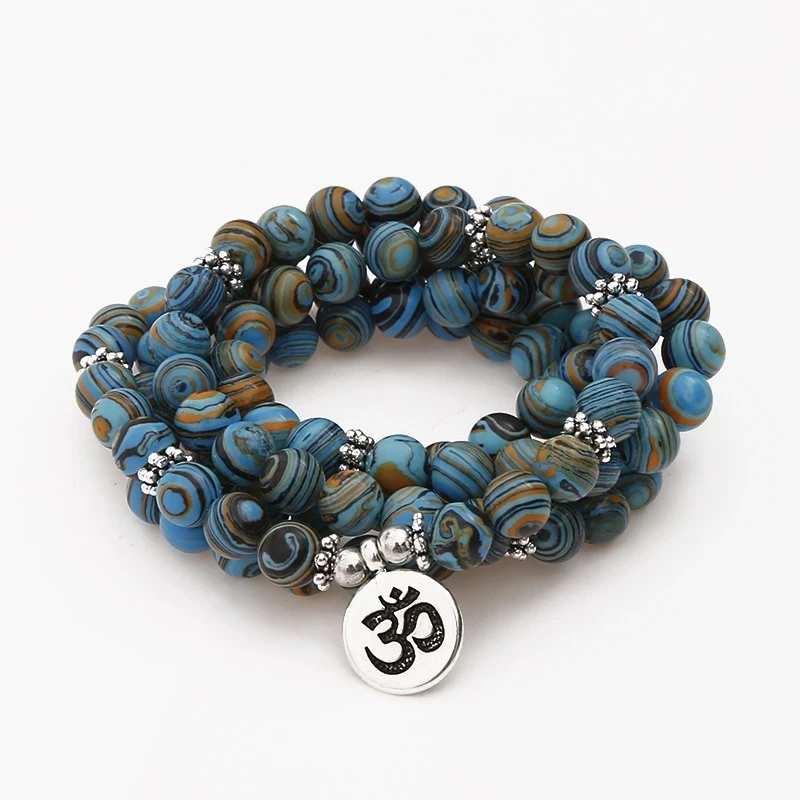 

8mm Blue Malachite Stone Beads Multi-layer Winding Bracelet 108 Mala Prayer Buddha Bracelet for Women Men, As photo show