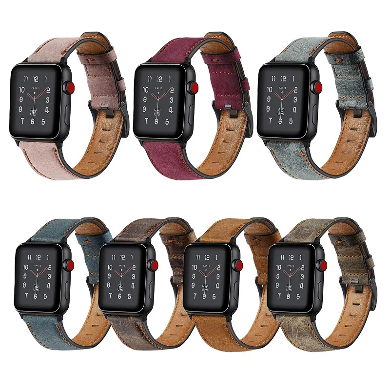 

for Apple Watch Band 44mm 40mm 38mm 42mm Series 5 SE 6 4 3 2 1 Bracelet Retro Cow Leather Watch Strap, 7 colors