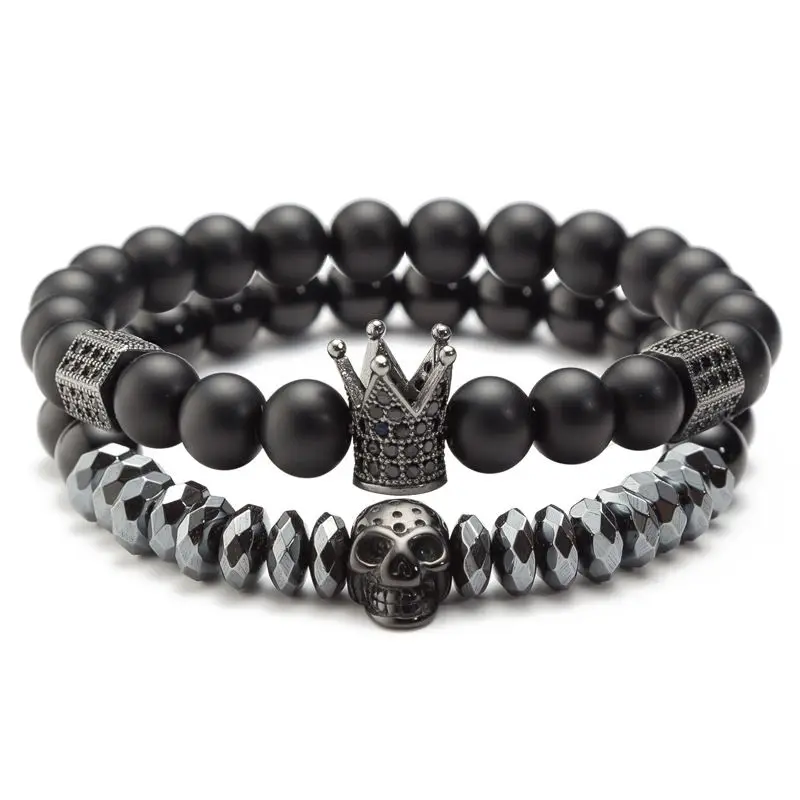 

HOVANCI AliExpress Amazon Best Selling Men's 2Pcs/Set Matte Agate Bead Skull Charm Micro Pave CZ Crown Bracelet, Black